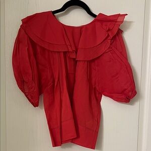THE GREAT. Vibrant Tomato Red Blouse with Ruffled Neckline